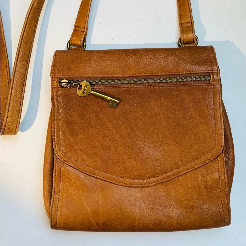 Fossil Tan Leather Crossbody Bag with Key Charm